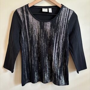Zenergy by Chicos Black Silver Foil Studded Abstract Top Size 0 Small 3/4 Sleeve